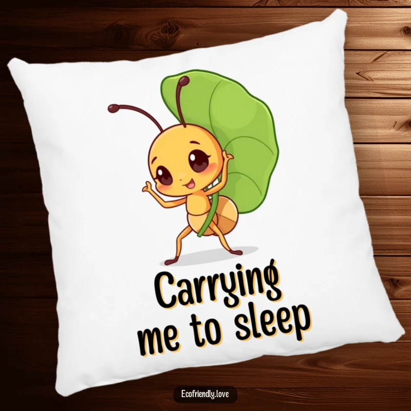 Funny ant pillow designed with a little character triumphantly carrying a large leaf, offering plush comfort and an inspiring visual.