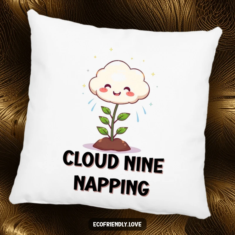 Funny pillow featuring a round, smiling cloud character raining happy, sparkling drops onto a joyful plant.