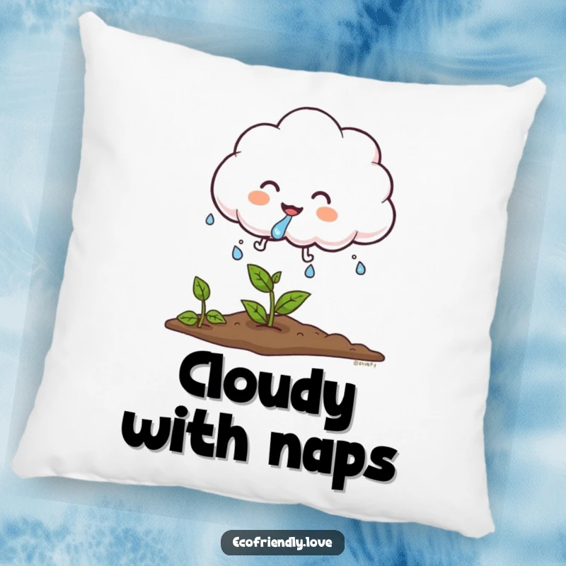 Funny cloud pillow featuring a giggling, fluffy cloud character sprinkling water onto a plant, perfect for cozy, whimsical relaxation.
