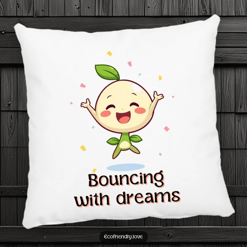 Funny sprout jumping joy pillow, soft and cozy, with falling confetti, a cheerful accent, perfect funny gift.
