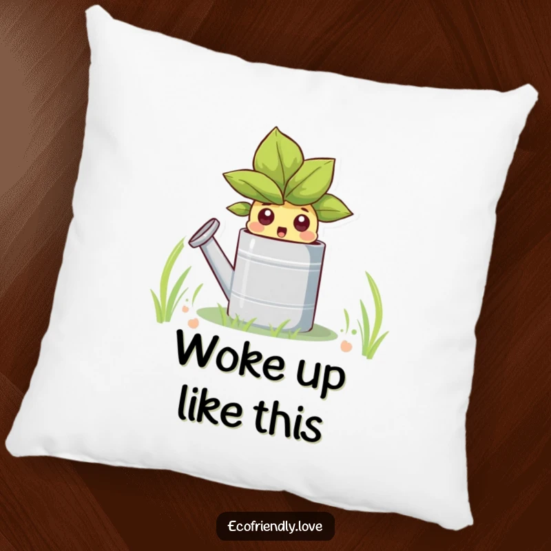 Funny pillow featuring a surprised sprout character nestled in a watering can, offering plush comfort and humorous garden vibes.