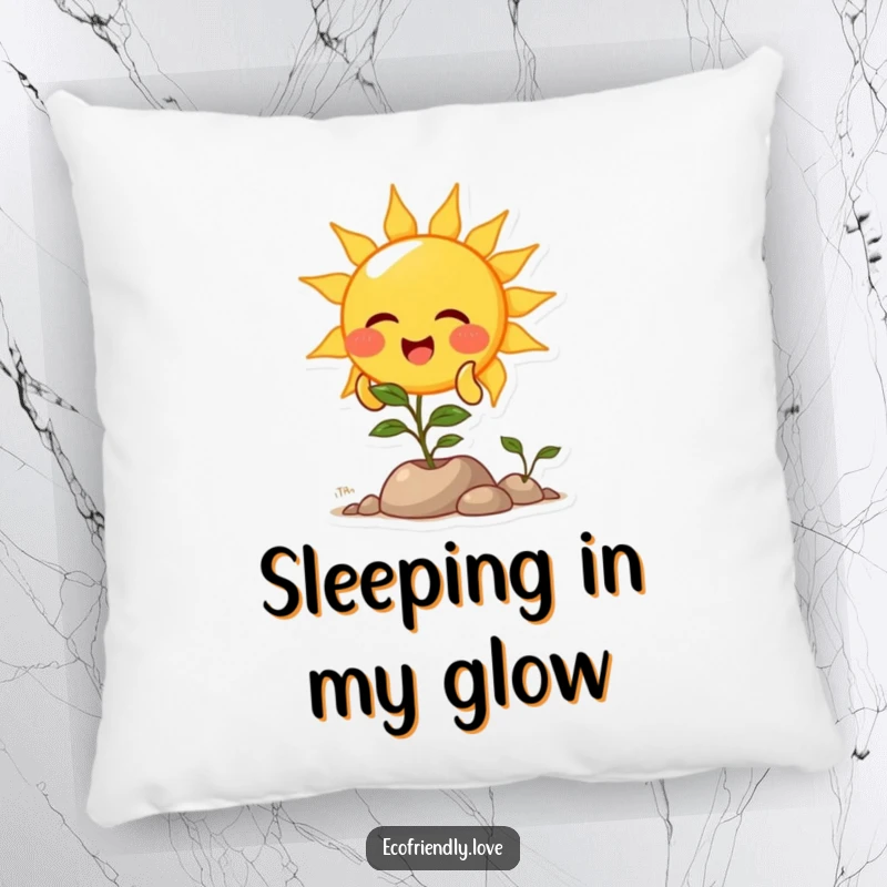 Funny pillow featuring a giggling sun character showering a plant with light, offering plush comfort and sunny disposition.