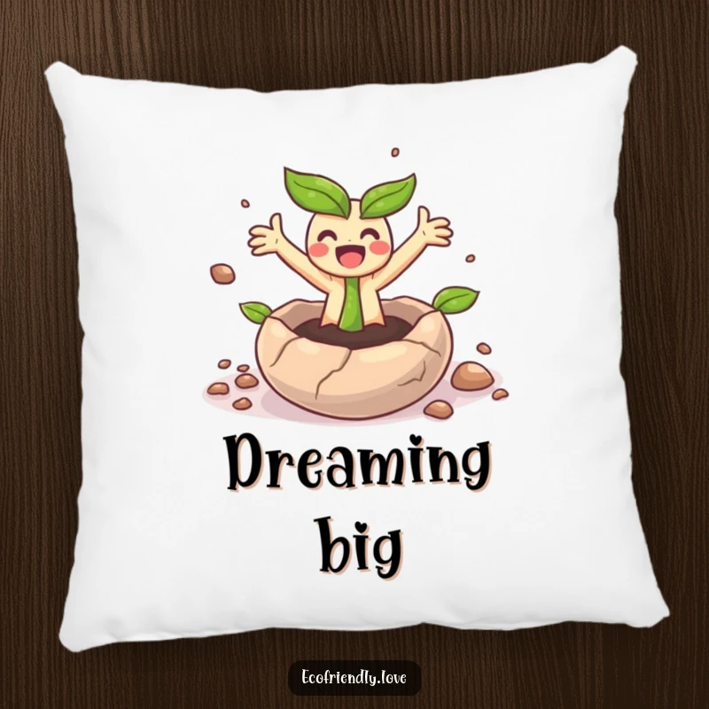 Funny pillow featuring a surprised sprout character emerging from a seed, adding soft comfort and cheer.