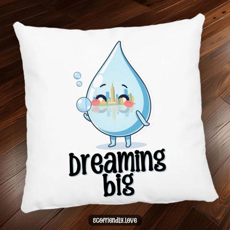 Funny water droplet character blowing a bubble reflecting a miniature cityscape, featured on a soft and funny cushion.