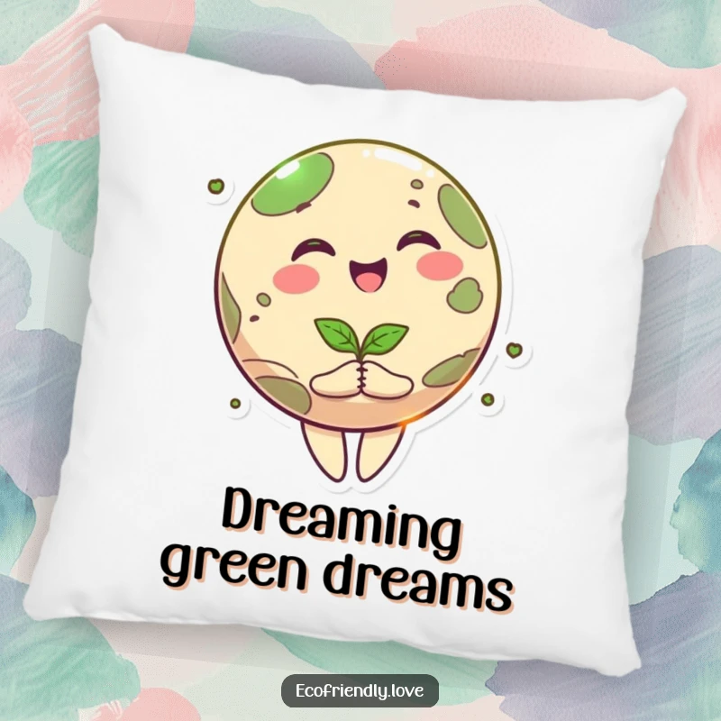 Funny planet pillow with a cute smiling cartoon Earth character happily spinning, holding a seedling, perfect for adding whimsy to any room.