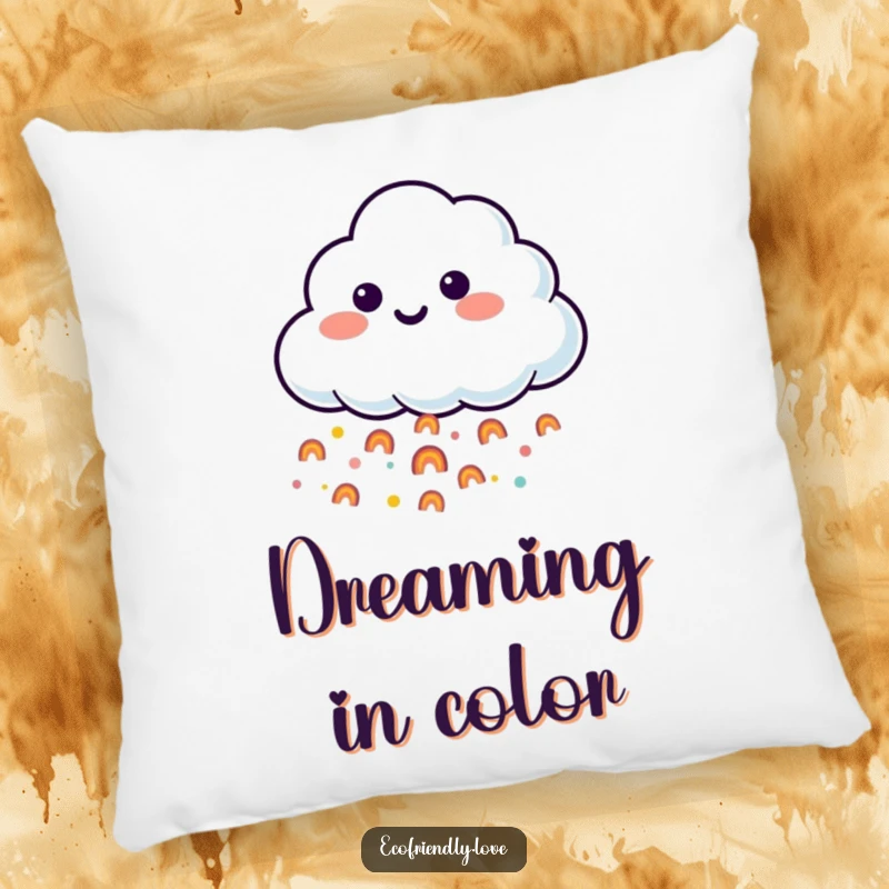 Funny pillow featuring a cute smiling cloud character releasing a delightful stream of tiny, happy rainbows onto soft cushion.
