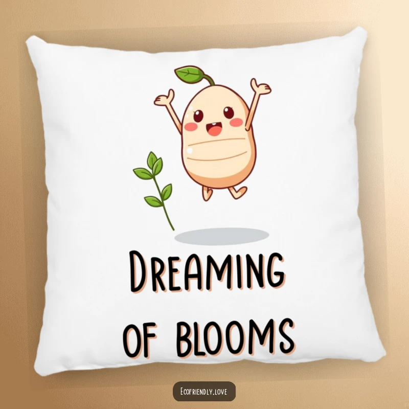 Funny Kawaii Seed Pillow: A triumphant seed character jumps with a sprout, offering soft comfort and inspirational vibes.