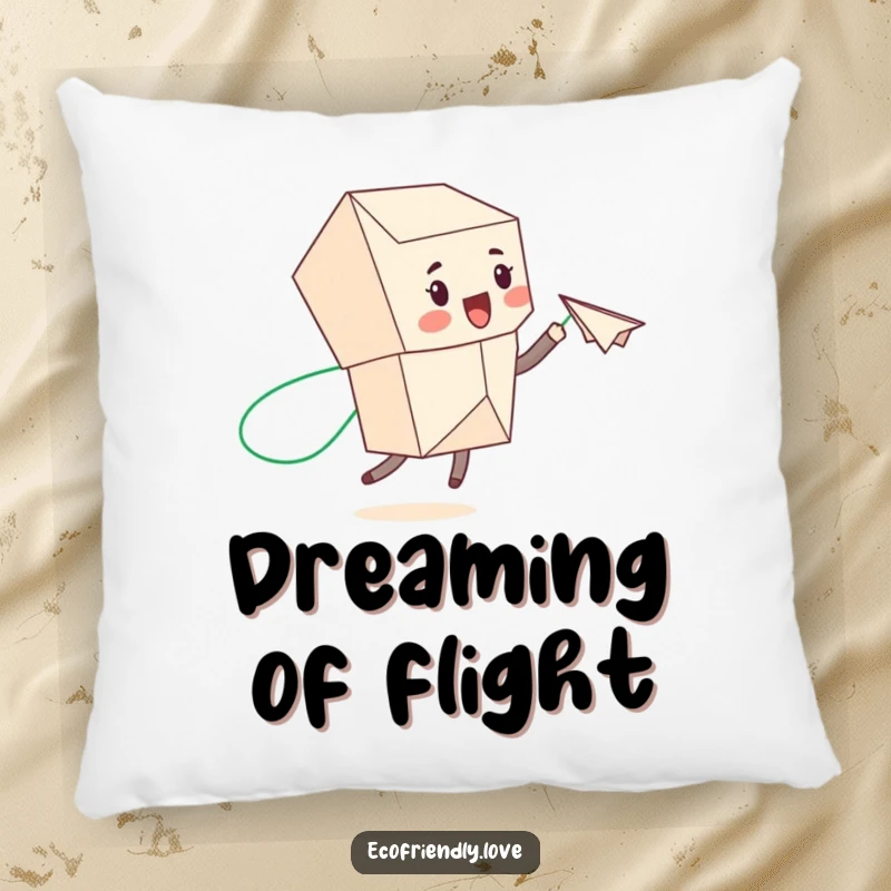 Funny recycled paper character throwing a paper airplane with a green trail, on a decorative pillow, offering cozy eco-humor.