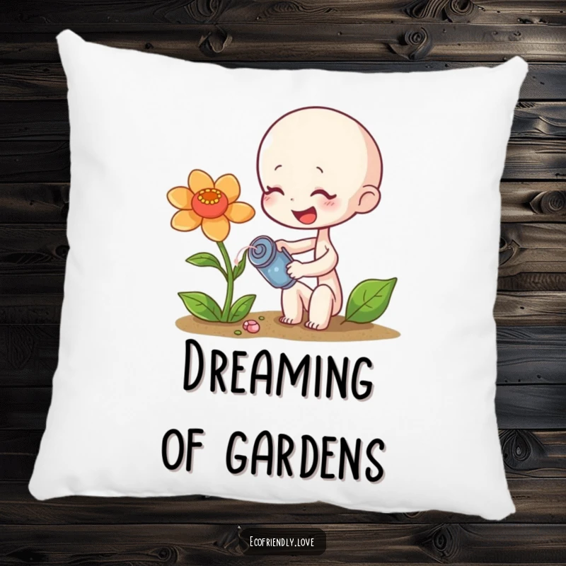 Funny sprout pillow showing a tiny character giggling while watering a wilting flower, a comfortable funny gift.