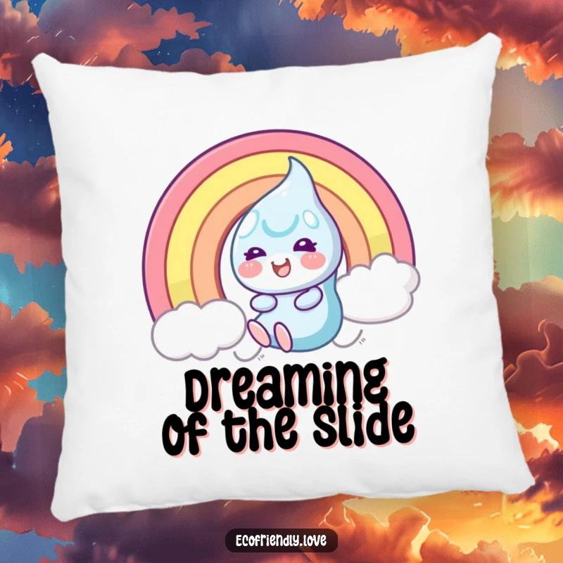 Funny Pillow showing a happy dewdrop character in the midst of a joyous slide down a colorful rainbow, adding comfort and cheer.