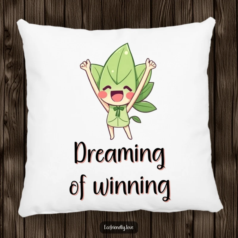 Funny pillow featuring a cheerful leaf character with arms raised in a triumphant pose, bringing cozy victory vibes.