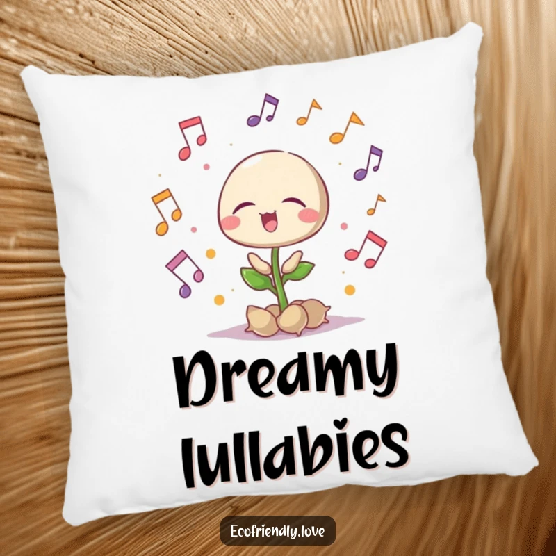 Funny singing seedling pillow with musical notes, eyes closed in delight, soft and cozy, a peaceful funny gift.