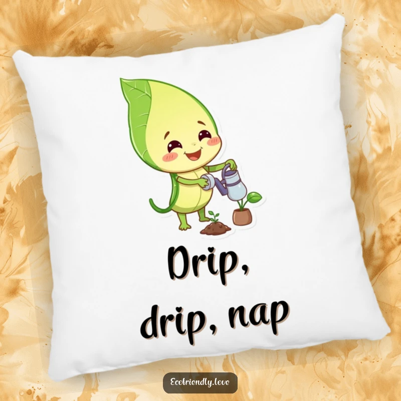 Funny pillow with a smiling leaf character watering a small plant, perfect for adding a soft, cheerful, and botanical touch.