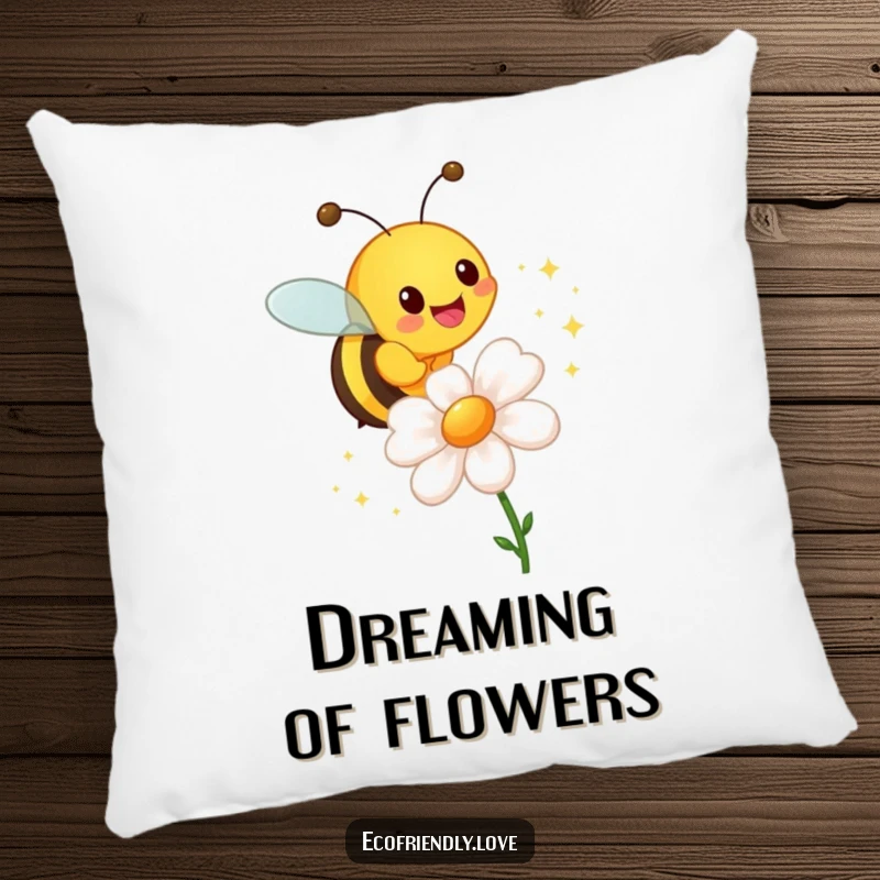 Funny pillow featuring a cheerful bee buzzing around a flower, leaving a trail of delicate sparkles.
