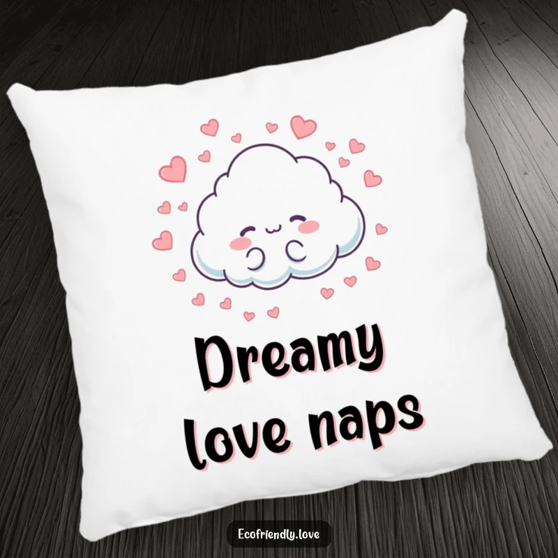 Funny pillow with a soft cloud character gently raining tiny hearts. A cozy and loving decorative gift.
