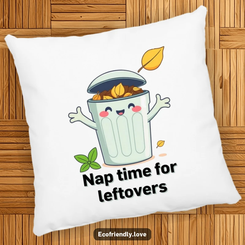 Funny pillow featuring a cheerful compost bin character joyfully accepting a fallen leaf, ideal for cozy decor.