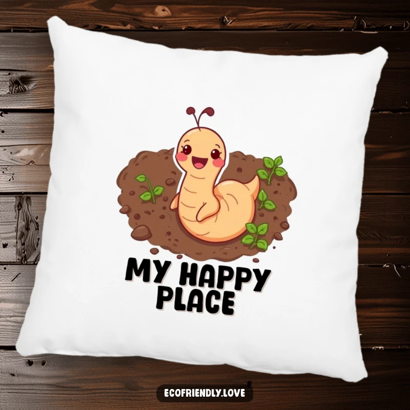 Funny pillow featuring a happy earthworm character wiggling through soil, providing soft, humorous, and quaint decoration.