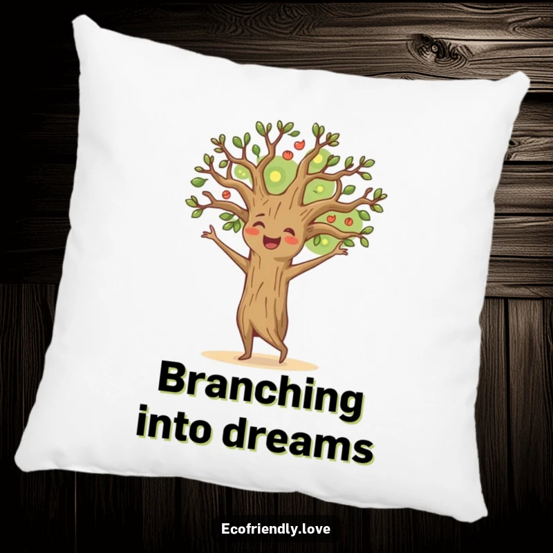 Funny happy tree pillow designed with a cheerful character dancing with branches outstretched, offering plush comfort and a joyful visual.