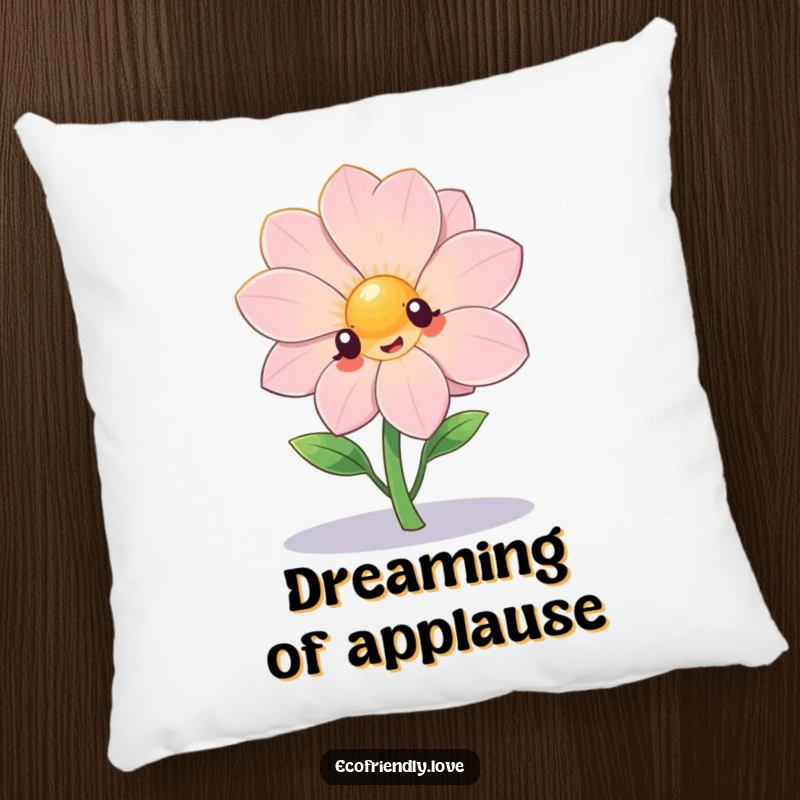 Funny kawaii flower dramatically posing under a spotlight on a plush pillow, an adorable humorous accent.