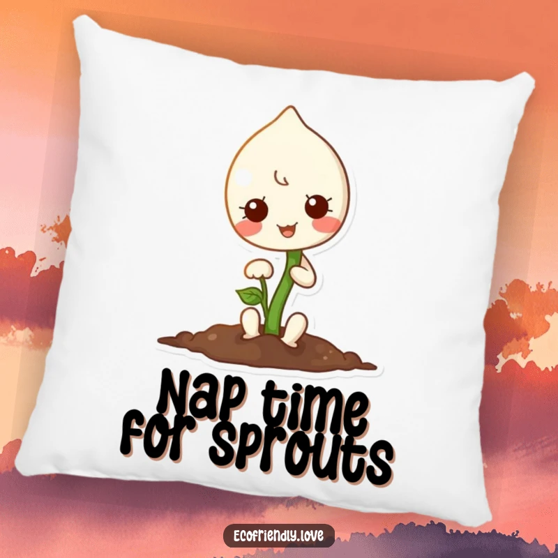 Funny pillow with a kawaii sprout character happily planting a tiny seed, bringing cute garden vibes to any room.
