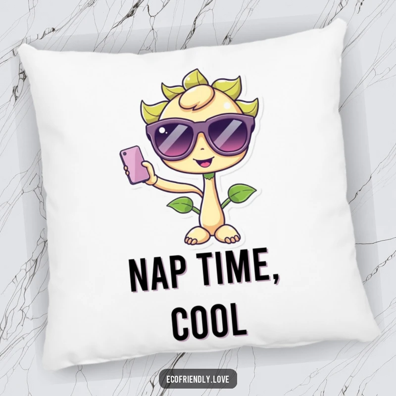 Funny Kawaii Sprout Pillow: A cute sprout character wearing oversized sunglasses, humorously taking a selfie, perfect for comfort.