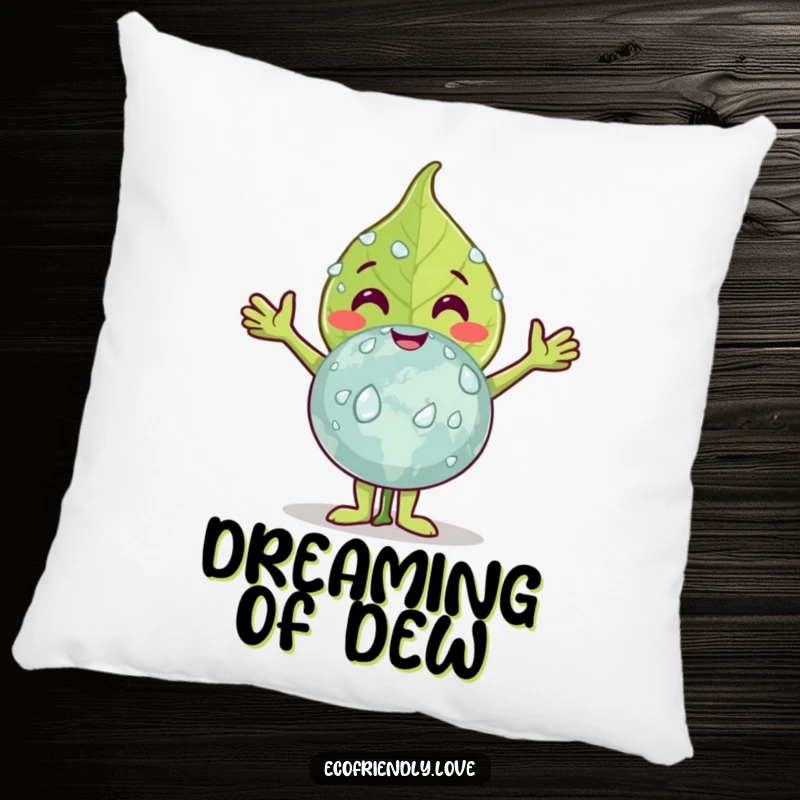 Funny leaf pillow featuring a smiling leaf character embracing a dew-covered globe, perfect for cozy, nature-inspired relaxation.