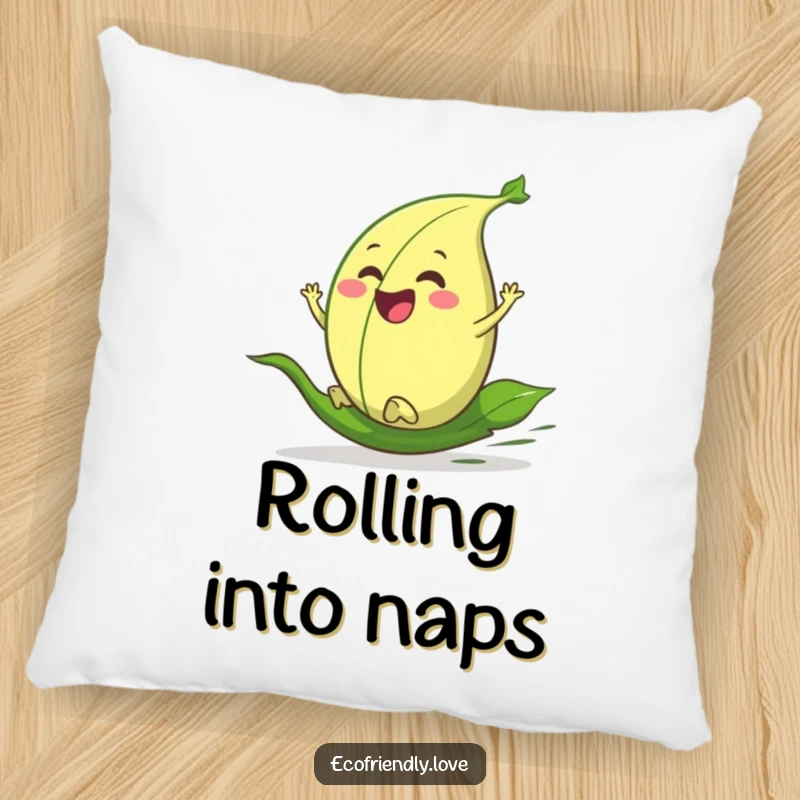 Funny pillow featuring a beaming green leaf character mid-roll down a hill, bringing a sense of motion and happiness.