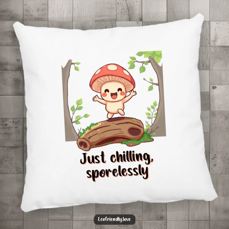 Funny pillow featuring a happy mushroom character bouncing on a mossy log, providing soft, humorous, and enchanting decor.