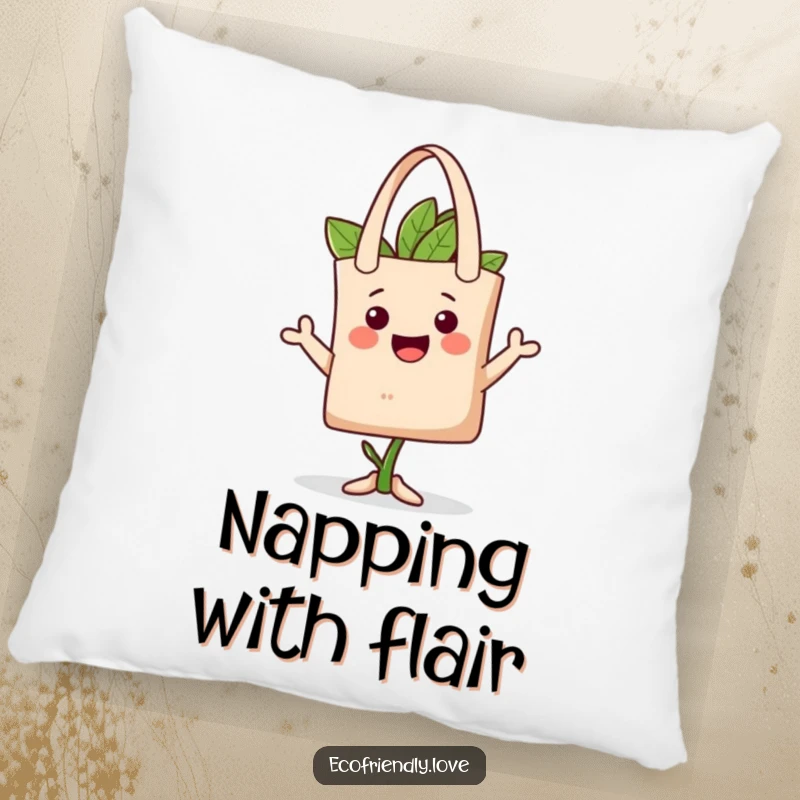 Funny plant tote hat pillow featuring a happy character playfully wearing a reusable tote bag as a hat, offering cozy, stylish humor.