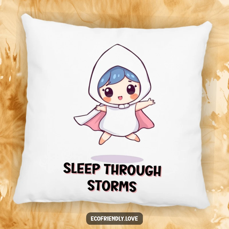 Funny pillow featuring a playful raindrop character in a superhero pose, mid-leap, adding a touch of whimsical fun and comfort to any sofa.