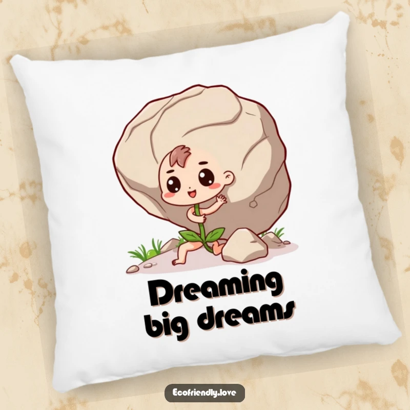 Funny Seedling Pillow: A determined kawaii seedling character humorously pushing a giant boulder, perfect for comfortable inspiration.