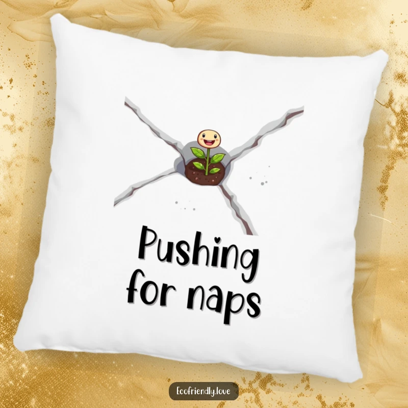 Funny seedling pillow featuring a happy little plant breaking through concrete, a symbol of resilience and comfort.