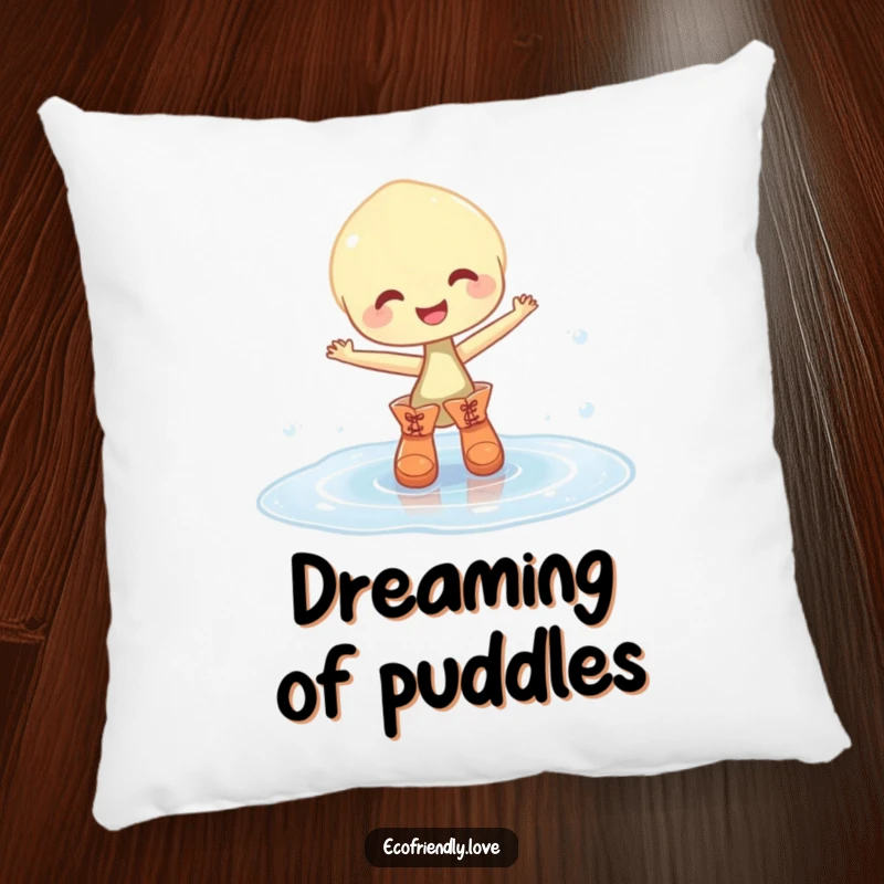 Funny pillow featuring a happy, pudgy sprout in tiny boots dancing in a sparkling water puddle, offering soft comfort and humor.