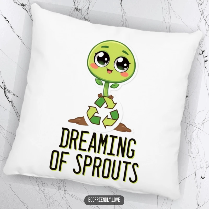 Funny sprout pillow featuring a happy green sprout character with big eyes hopping over a recycling symbol, perfect for cozy, eco-conscious relaxation.