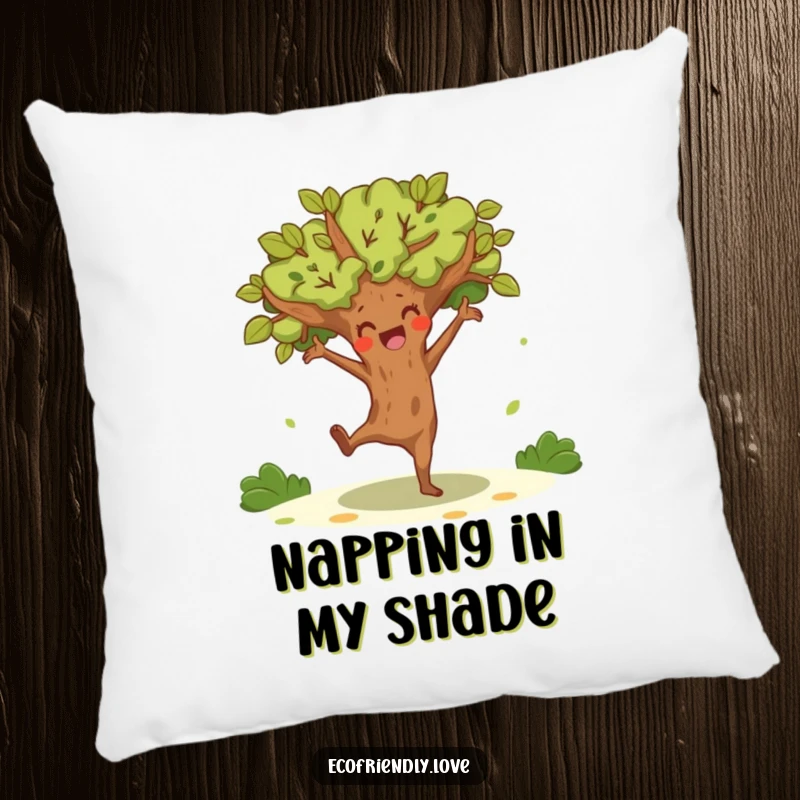 Funny tree character doing a joyful, energetic dance, featured on a soft and humorous decorative pillow.