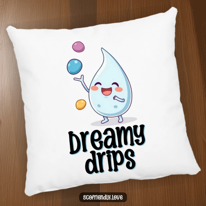 Funny pillow featuring a smiling water droplet character juggling pebbles, adding soft comfort and playful energy.