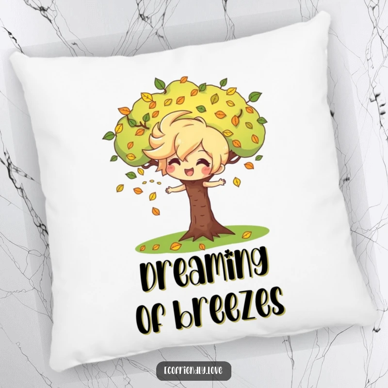 Funny pillow with a playful wind character blowing leaves around a cheerful tree, offering comfort and a reminder of nature's fun.