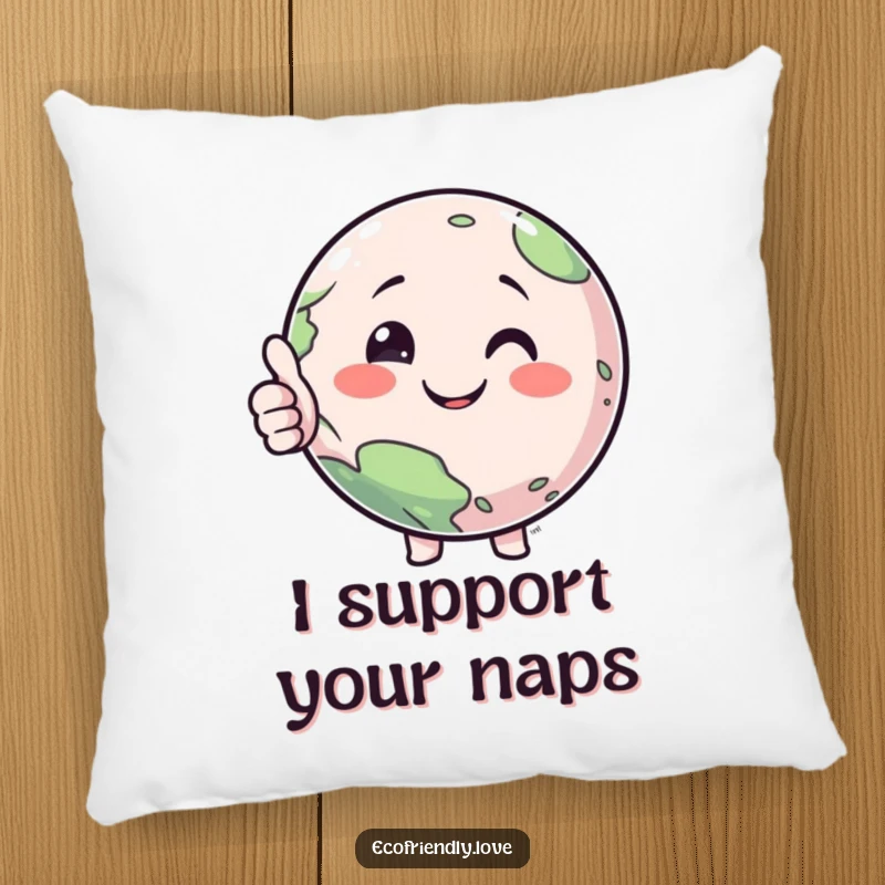 Funny pillow featuring a plush, smiling planet character offering a friendly thumbs-up, designed for comfort and humorous home decor.
