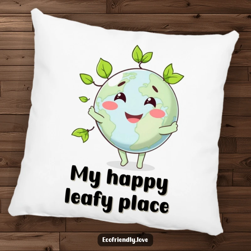 Funny pillow featuring a contented globe character juggling vibrant green leaves, perfect for adding whimsical comfort.