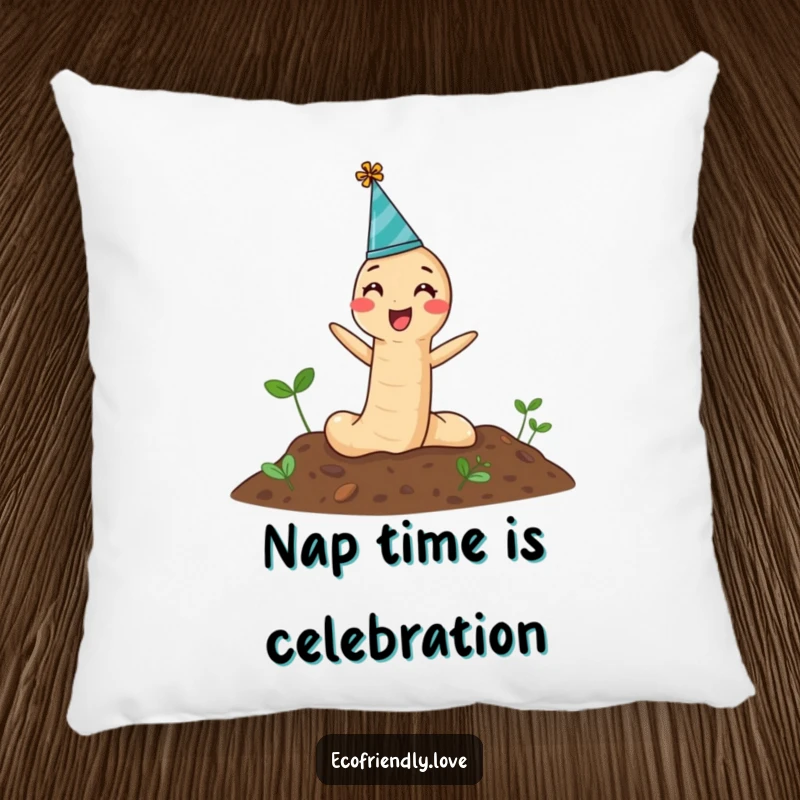 Funny Pillow featuring a joyful earthworm in a party hat popping out of the ground, bringing comfort and festive cheer.