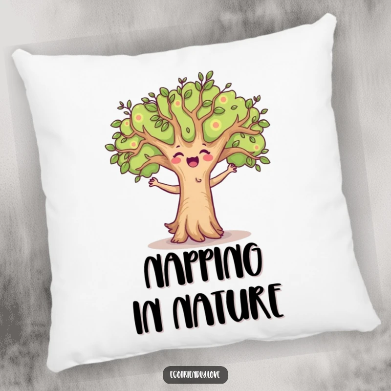 Funny pillow with a happy tree character dancing enthusiastically, branches swaying, adding a touch of playful, animated joy to any cozy space.