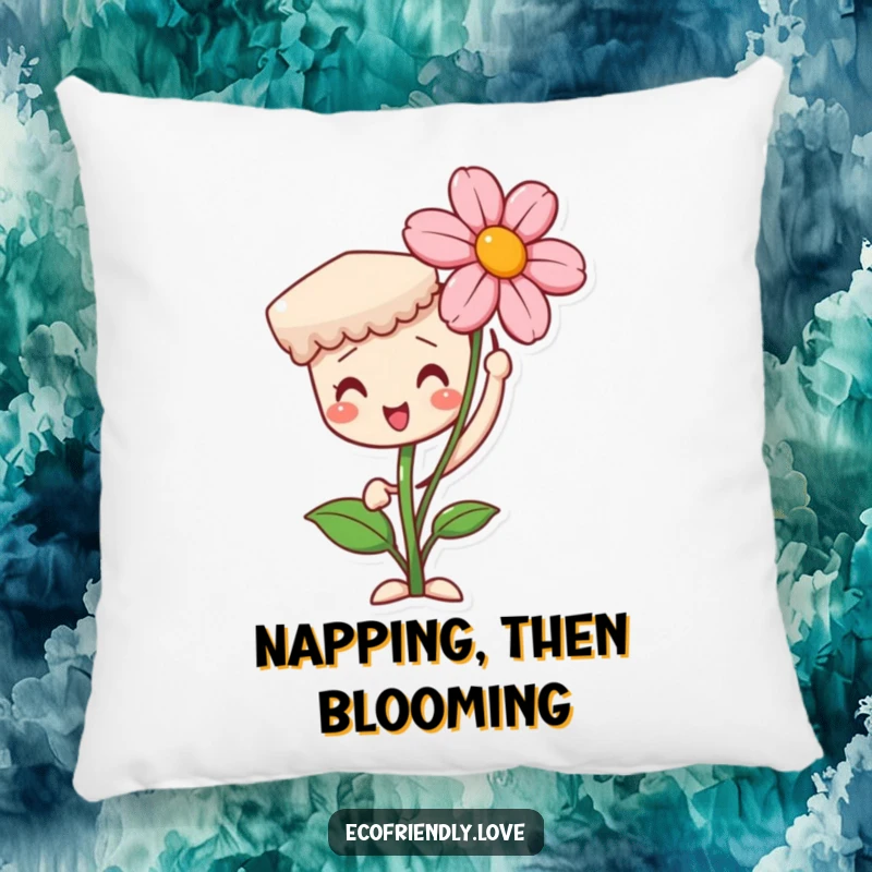 Funny pillow with a proud seedling character proudly displaying a blooming flower. A cozy and inspiring decorative gift.
