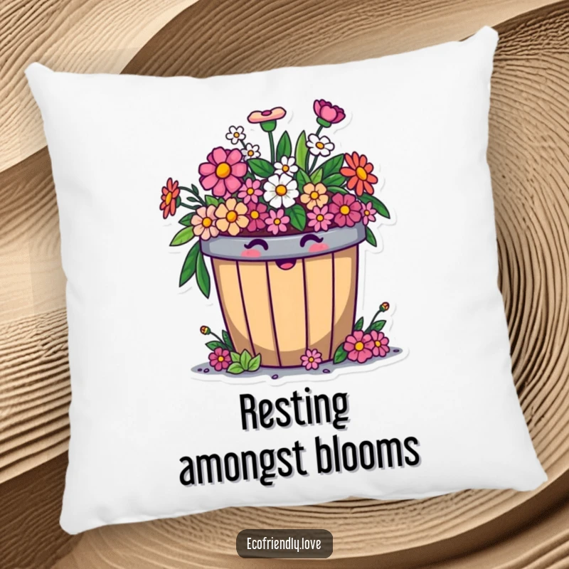 Funny compost bin pillow featuring a cheerful character comically overflowing with smiling flowers, offering cozy eco-friendly humor.