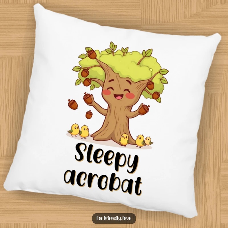 Funny tree character skillfully juggling acorns with a small audience of birds watching intently, featured on a soft and funny cushion.
