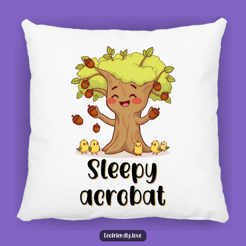 Funny Tree Juggling Acorns Pillow: Snuggle with Woodland Whimsy and Soft Humor