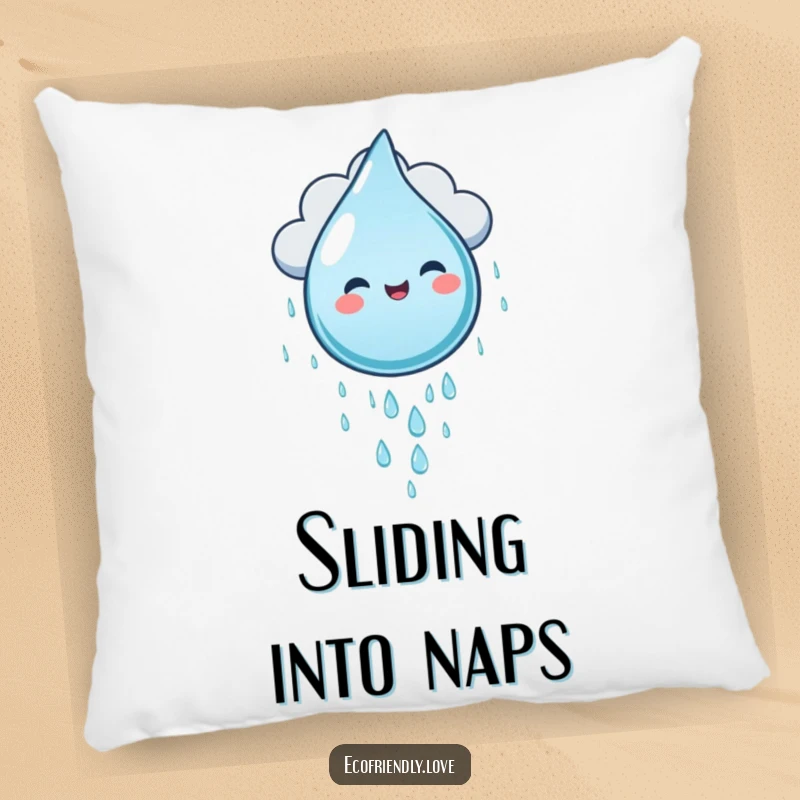 Funny water droplet character gleefully sliding down a cloud, featured on a soft and humorous decorative pillow.