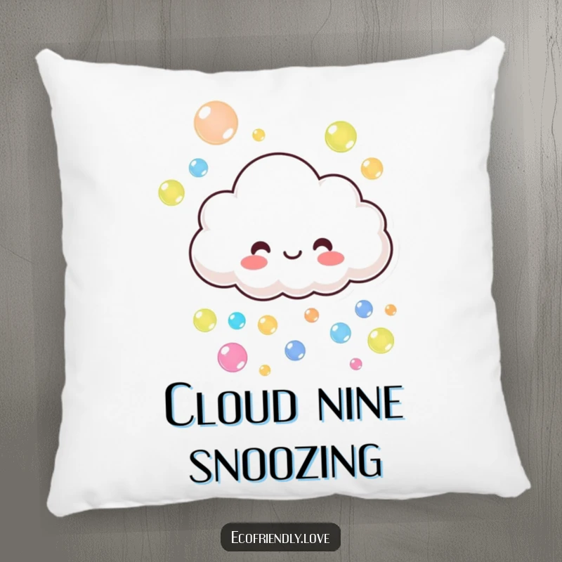 Funny cloud pillow showing a smiling character playfully raining colorful bubbles, a comfortable funny gift.