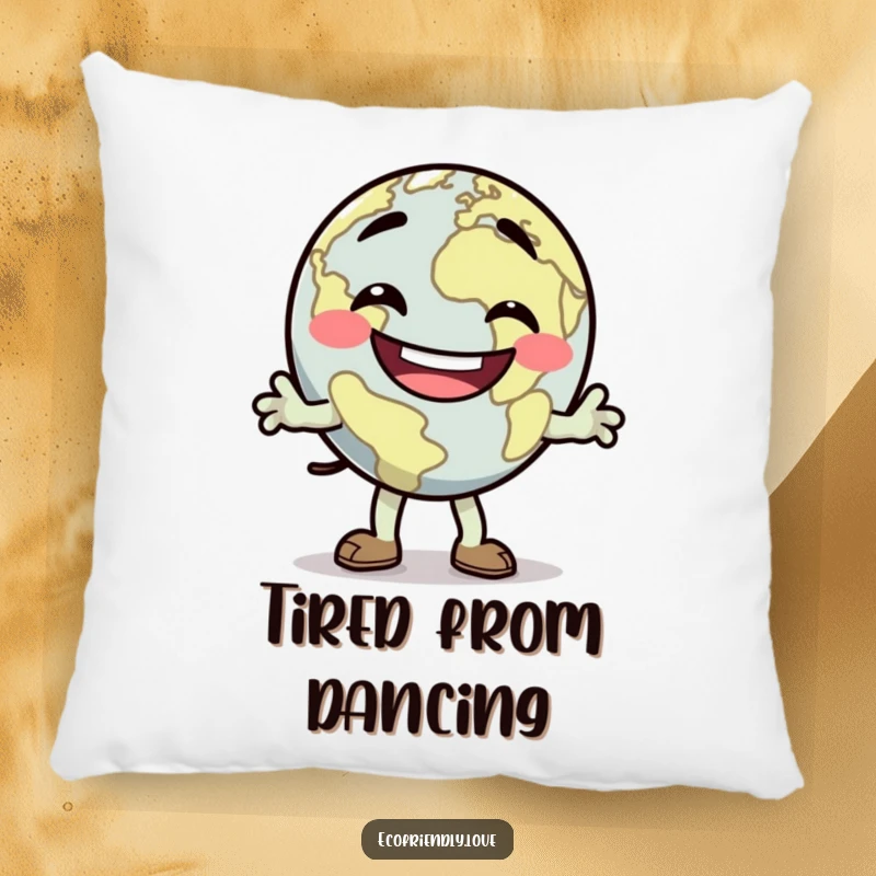 Funny dancing Earth pillow with a goofy grin, doing a silly jig, soft and cuddly, a cute funny gift.