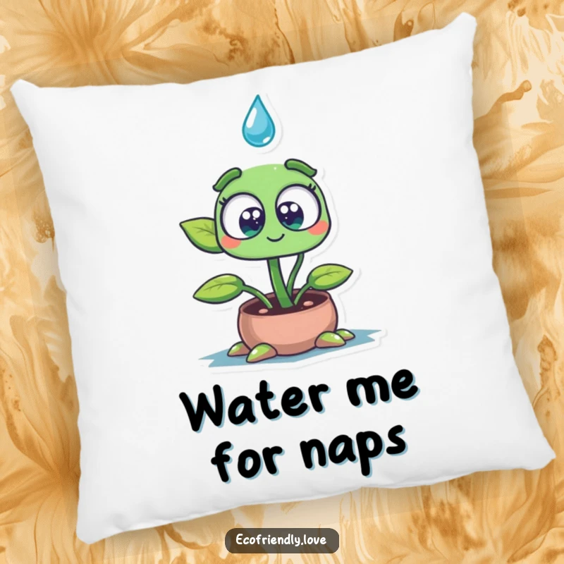 Funny pillow featuring a wide-eyed plant seedling character absorbing a water drop, providing a soft, comforting, and humorous accent to any room.