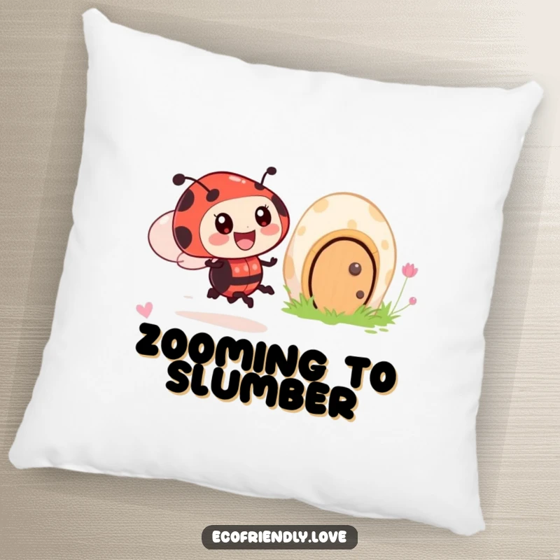 Funny pillow featuring an excited ladybug character zooming past a smiling mushroom house, bringing whimsical garden joy.
